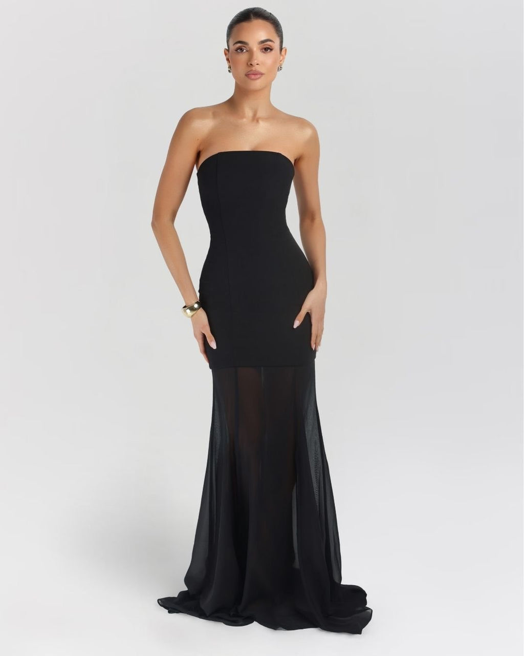 Black strapless crepe chiffon maxi dress