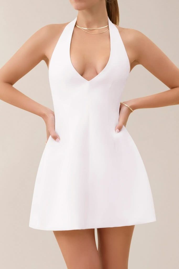 white a line plunging neckline flare mini dress White Plunge Dress