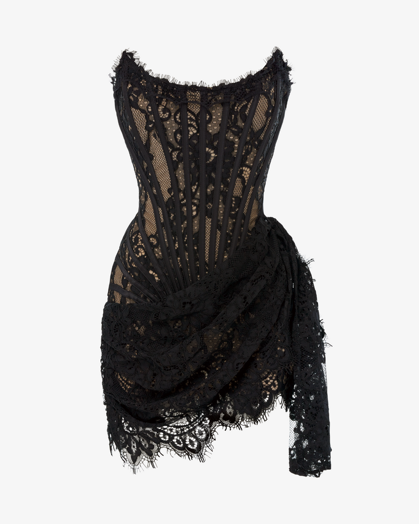 Black lace corset draped mini dress