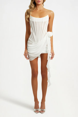 White chiffon mesh corset flower drape mini dress
