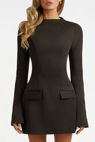 Black long sleeve a line pocket mini dress