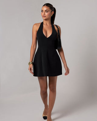 Black a - line plunging neckline flare mini dress - HEIRESS BEVERLY HILLS