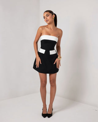 Black and white strapless a - line pocket mini dress - HEIRESS BEVERLY HILLS