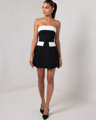 Black and white strapless a - line pocket mini dress - HEIRESS BEVERLY HILLS