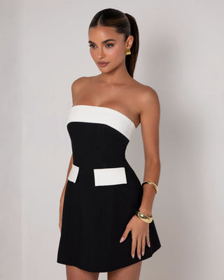 Black and white strapless a - line pocket mini dress - HEIRESS BEVERLY HILLS