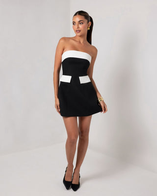 Black and white strapless a - line pocket mini dress - HEIRESS BEVERLY HILLS