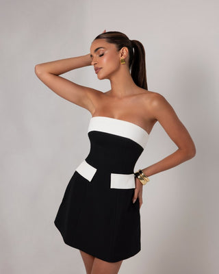 Black and white strapless a - line pocket mini dress - HEIRESS BEVERLY HILLS