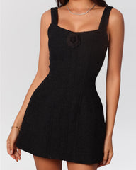 Black boucle flower a-line mini dress