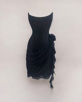 Black chiffon mesh corset flower drape midi dress - HEIRESS BEVERLY HILLS