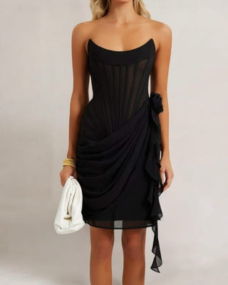 Black chiffon mesh corset flower drape midi dress - HEIRESS BEVERLY HILLS