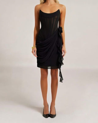 Black chiffon mesh corset flower drape midi dress - HEIRESS BEVERLY HILLS