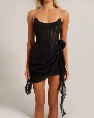 Black chiffon mesh corset flower drape mini dress - HEIRESS BEVERLY HILLS