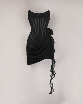 Black chiffon mesh corset flower drape mini dress - HEIRESS BEVERLY HILLS