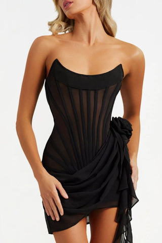Black chiffon mesh corset flower drape mini dress - HEIRESS BEVERLY HILLS