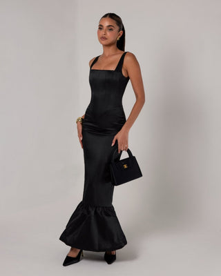 Black corset sheen maxi bubble dress - HEIRESS BEVERLY HILLS