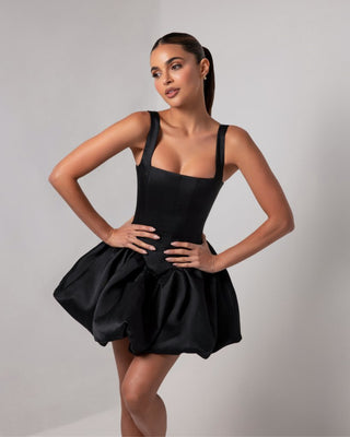 Black corset sheen mini bubble dress - HEIRESS BEVERLY HILLS