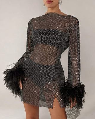 Black crystal embellished mesh mini dress - HEIRESS BEVERLY HILLS