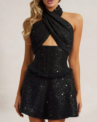 Black halter corset sequin tweed mini dress - HEIRESS BEVERLY HILLS