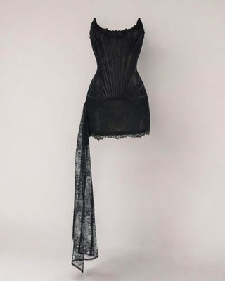 Black lace mesh corset drape mini dress - HEIRESS BEVERLY HILLS