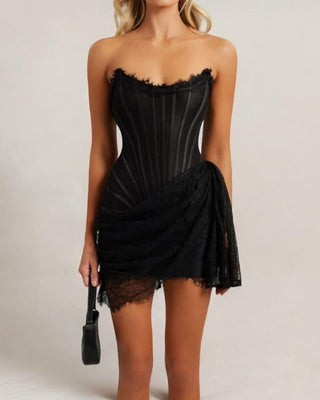 Black lace mesh corset drape mini dress - HEIRESS BEVERLY HILLS