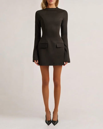 Black long sleeve a line pocket mini dress