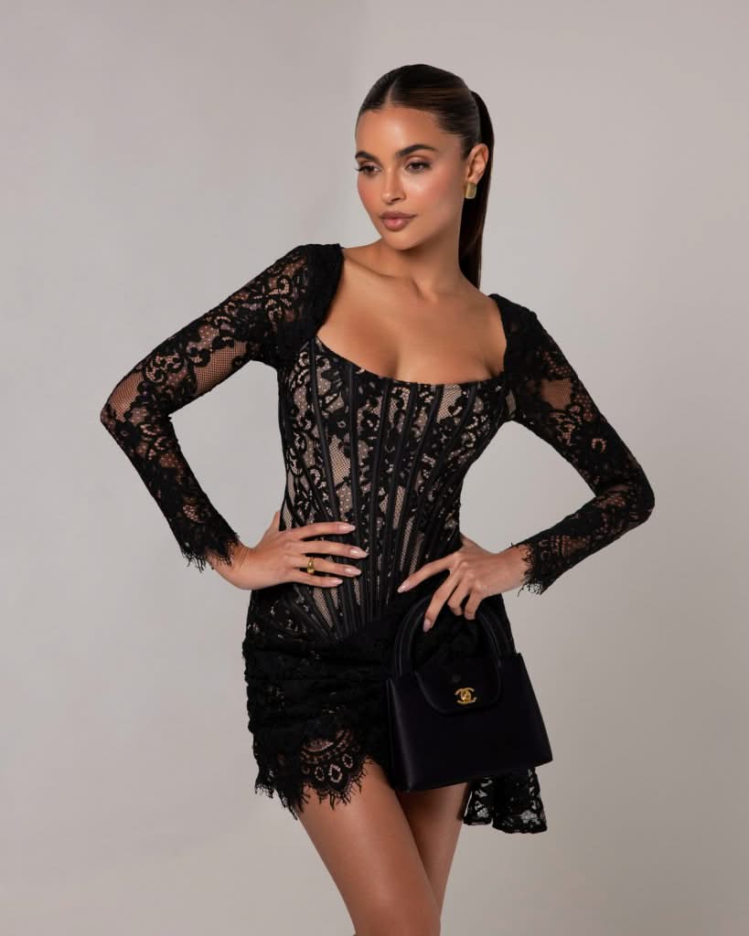 Black long sleeve lace corset draped mini dress HEIRESS BEVERLY HILLS — free download
