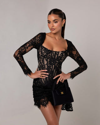 Black long sleeve lace corset draped mini dress - HEIRESS BEVERLY HILLS