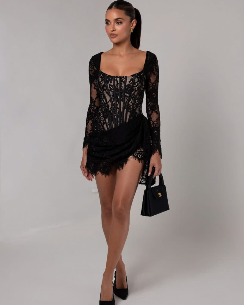 Blazer-Style Mini Dress with Lace Corset Detailing - Black
