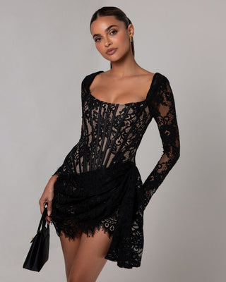 Black long sleeve lace corset draped mini dress - HEIRESS BEVERLY HILLS