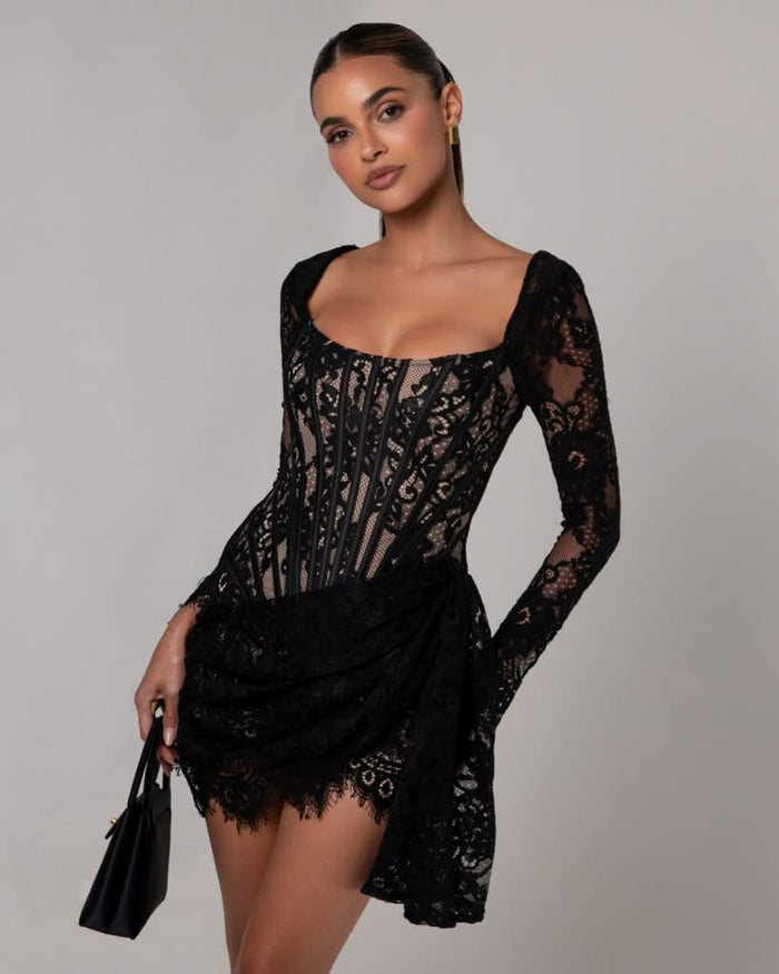 Corset Mini Dress Black Lace Details