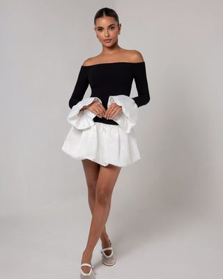 Black off the shoulder white puff sleeve mini dress - HEIRESS BEVERLY HILLS