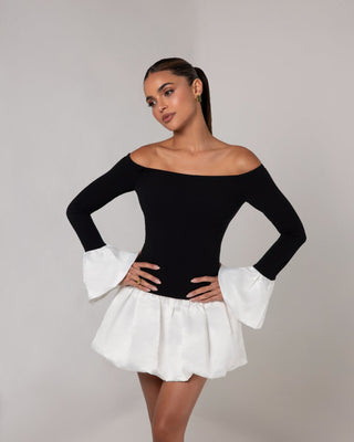 Black off the shoulder white puff sleeve mini dress - HEIRESS BEVERLY HILLS