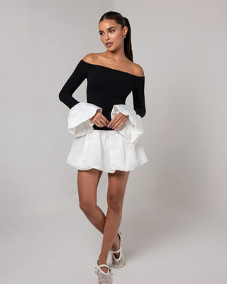 Black off the shoulder white puff sleeve mini dress - HEIRESS BEVERLY HILLS