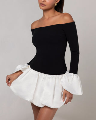 Black off the shoulder white puff sleeve mini dress - HEIRESS BEVERLY HILLS