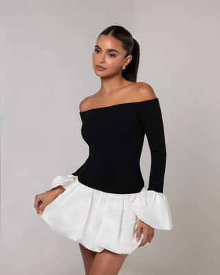 Black off the shoulder white puff sleeve mini dress - HEIRESS BEVERLY HILLS