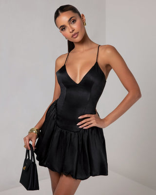 Black silk v neck balloon mini dress - HEIRESS BEVERLY HILLS