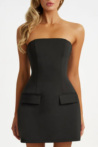 Black strapless a line pocket mini dress - HEIRESS BEVERLY HILLS