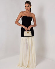 Black strapless cream chiffon maxi dress