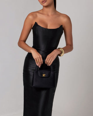 Black strapless sheen corset midi dress - HEIRESS BEVERLY HILLS