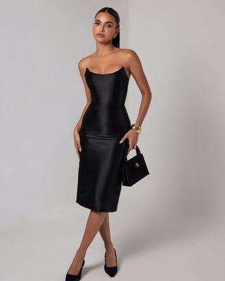 Black strapless sheen corset midi dress - HEIRESS BEVERLY HILLS