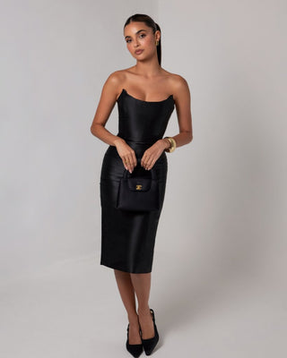 Black strapless sheen corset midi dress - HEIRESS BEVERLY HILLS