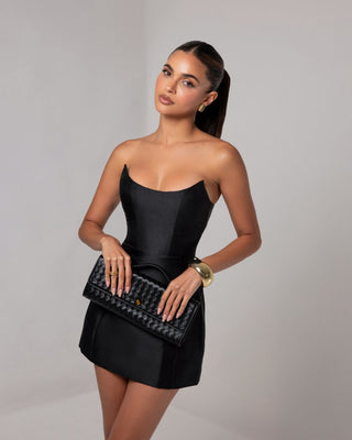 Black strapless sheen corset mini dress - HEIRESS BEVERLY HILLS