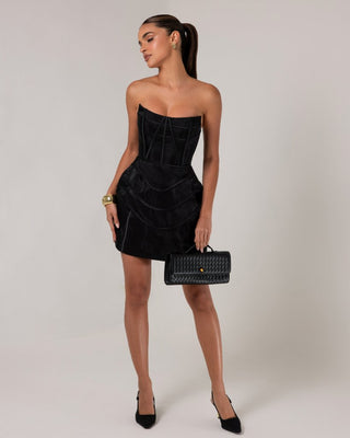 Black wavy strapless corset a - line mini dress - HEIRESS BEVERLY HILLS