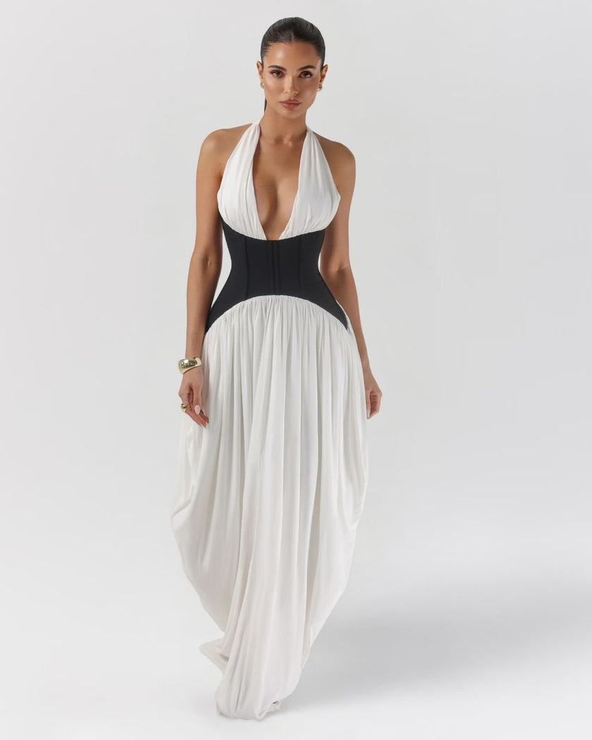 White and black halter corset maxi dress