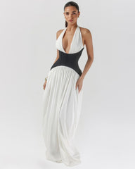 White and black halter corset maxi dress