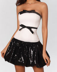 White and black strapless bow sequin bubble skirt mini dress