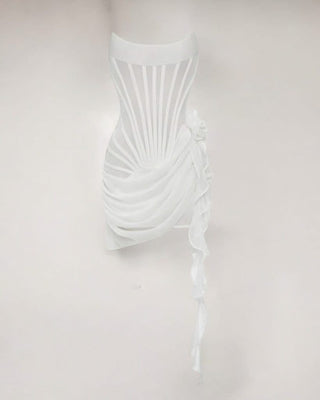 White chiffon mesh corset flower drape mini dress - HEIRESS BEVERLY HILLS