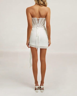 White chiffon mesh corset flower drape mini dress - HEIRESS BEVERLY HILLS