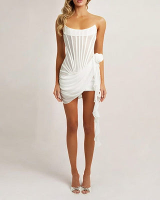 White chiffon mesh corset flower drape mini dress - HEIRESS BEVERLY HILLS