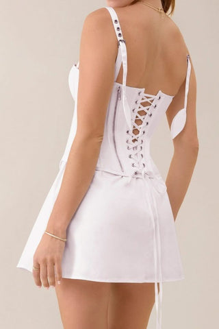 White cotton poplin corset flower a - line mini dress - HEIRESS BEVERLY HILLS